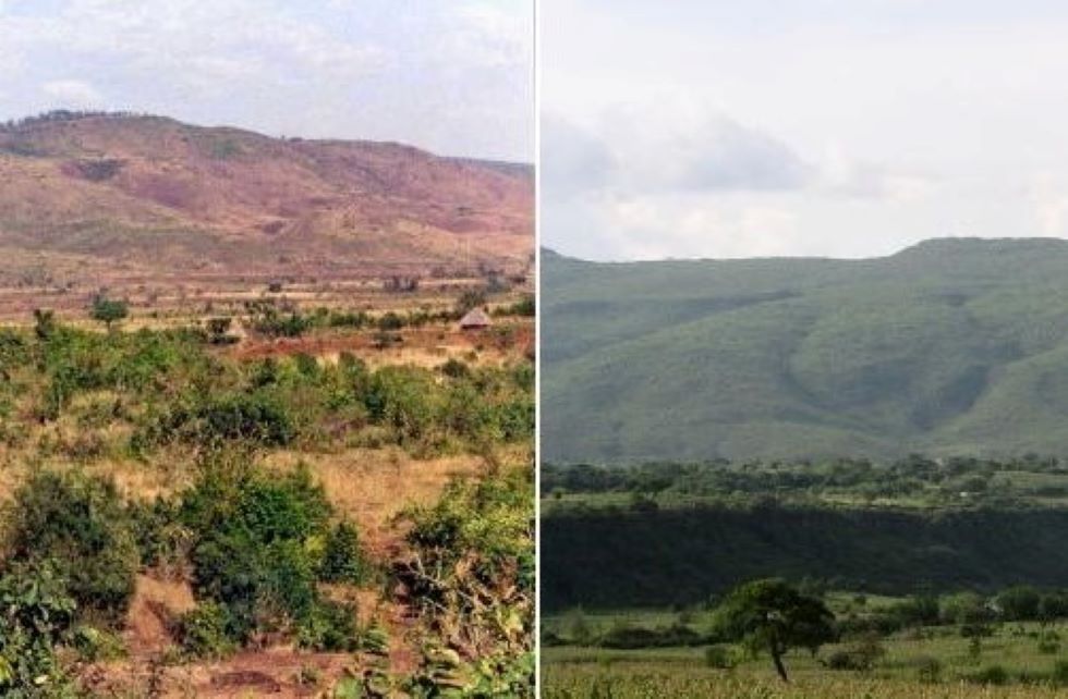 Äthiopien, Vorher-Nachher-Vergleich zweier Landschaften: rechts eine ausgetrocknete Landschaft und Hügel mit wenig Pflanzen, rechts die gleiche begrünte Landschaft.
