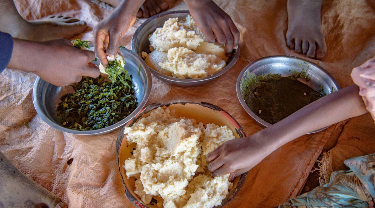 Sambische Kinder teilen sich ein Mittagessen aus Nshima, gekochtem grünen Gemüse und Mundyoli.