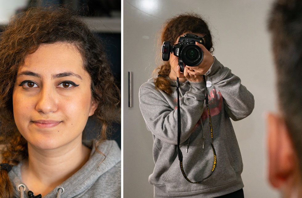 Irak: Eine Collage aus zwei Bildern: Auf der einen Seite ist das Portrait einer jungen Frau mit lockigem Haar. Auf dem zweiten Bild fotografiert die junge Frau einen Mann.