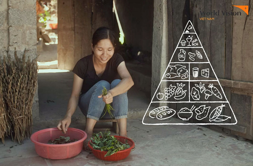 Vietnam: Eine Frau verarbeitet Blätter für die Mahlzeit. Neben ihr ist die Ernährungspyramide eingeblendet.