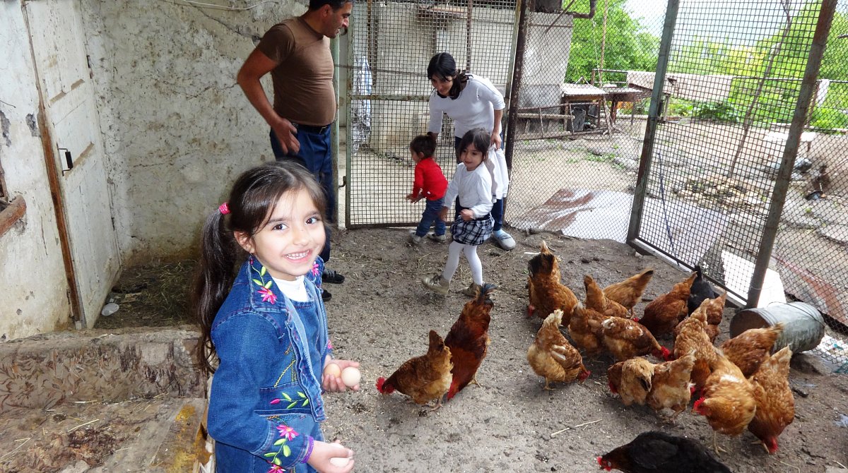 Arménie : une fillette se tient dans un enclos de poules et tient des œufs dans sa main.