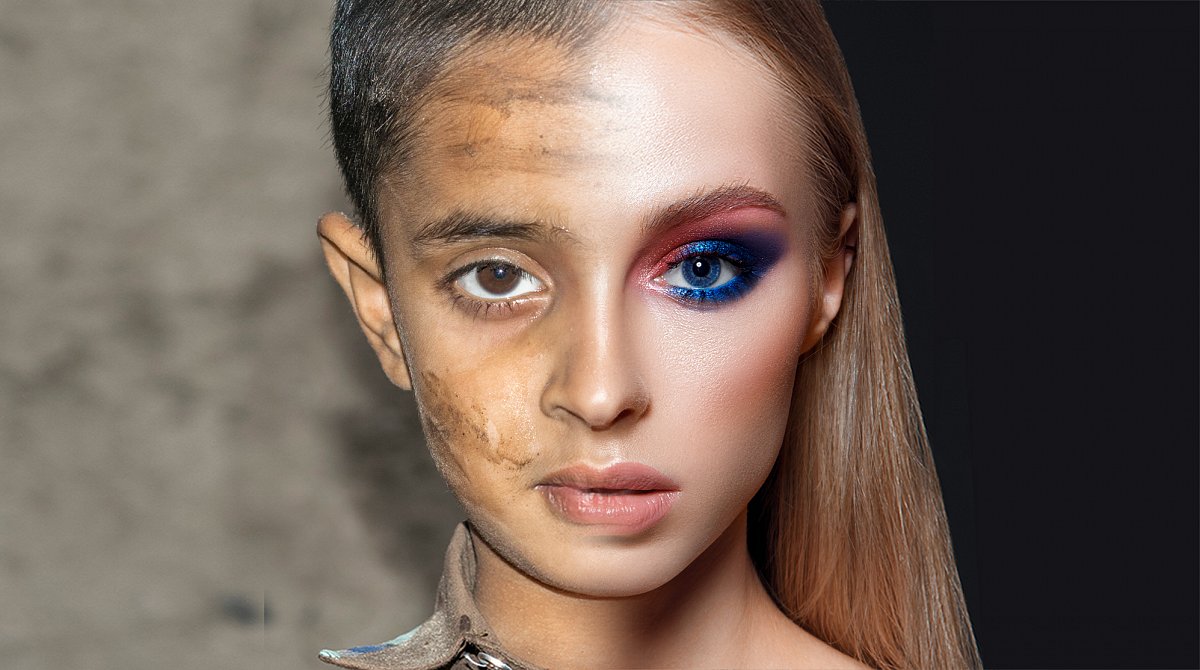 Bildmontage: auf der linken Hälfte das halbe Gesicht eines Mädchens aus dem Globalen Süden, das Kinderarbeit leisten muss, auf der rechten Seite ein stark geschminktes Mädchen aus der westlichen Kultur.