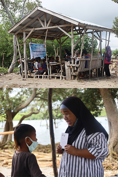 Ein einfacher Strandpavillon dient als Unterrichtsort für die Lesecamps, die eine Frau für die ärmsten Kinder im Rahmen des Kindheitsretterprogramms von World Vision Philippines durchführt.