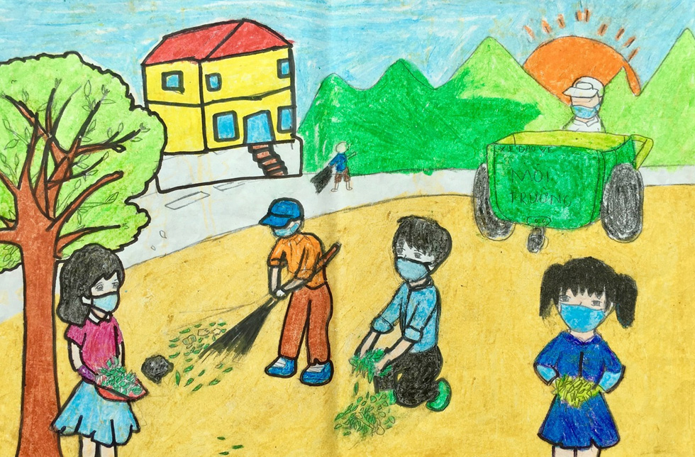Vietnam: Kinderzeichnung, die zeigt, wie im Dorf die Strassen gekehrt und Müll beseitigt wird.