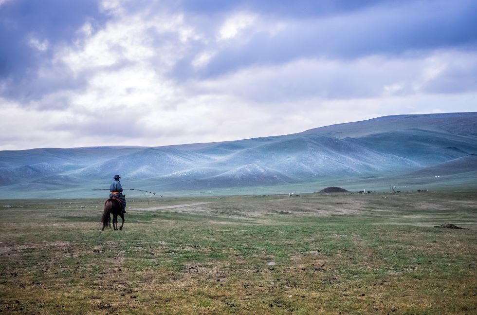 Mongolei: Ein Reiter bewegt sich in einer weiten Graslandschaft mit Hügeln am Horizont.