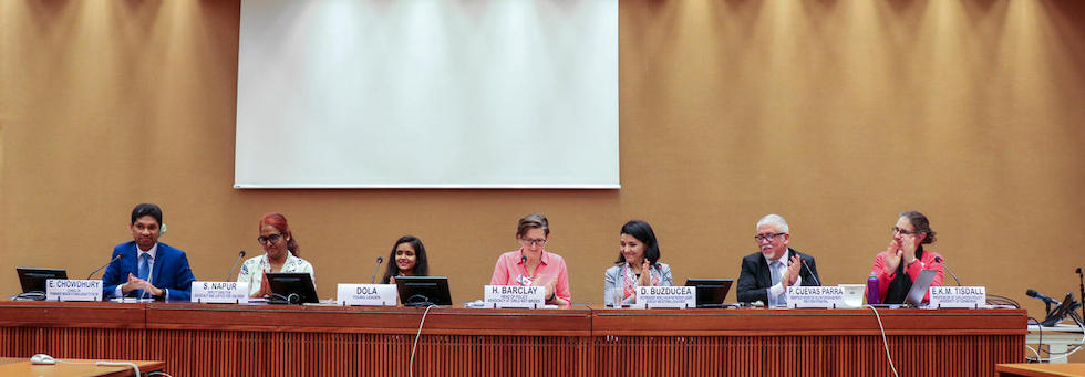 A panel of children’s rights activists at the United Nations in Geneva.